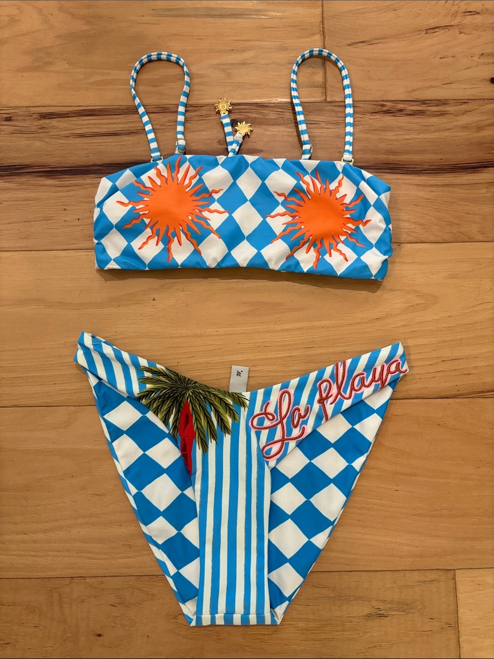 New Maaji Reversible Blue & White Checkerboard Bikini with Orange Sun Motifs